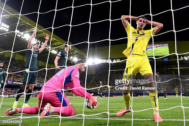 Santi Comesana of Villarreal CF reacts as Gianluigi Donnarumma of Manchester City makes a save during the UEFA Champions League 2025/26 League Phase...
