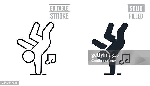 person break dancing to music - editable stroke and solid icons - breakdancing stock illustrations