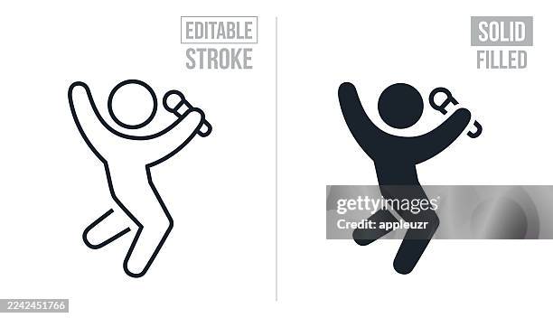 singer with microphone jumping - editable stroke and solid icons - singer stock illustrations