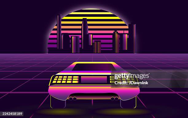 retro synth wave 80s style exotic car on grid background with gradient sun and cityscape - driving pov stock illustrations