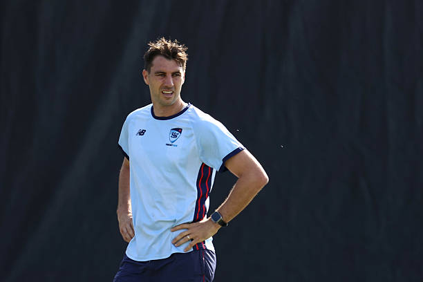 Pat Cummins takes part in a training session at Cricket Central on October 22, 2025 in Sydney, Australia.