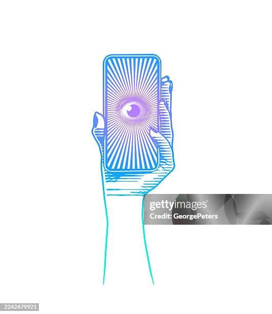 hand holding smart phone with eye and light beams - digital forensics stock illustrations