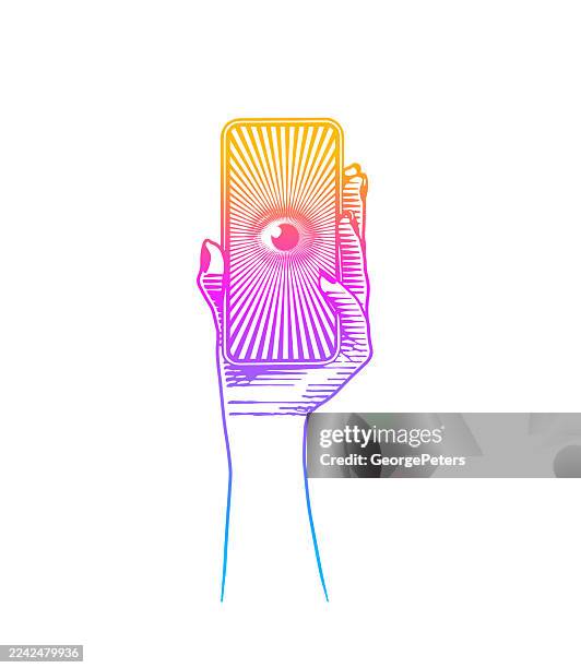 hand holding smart phone with eye and light beams - digital forensics stock illustrations