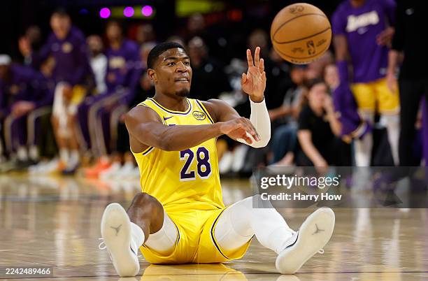 Rui Hachimura of the Los Angeles Lakers makes a pass in the first quarter of the game against the Golden State Warriors at Crypto.com Arena on...