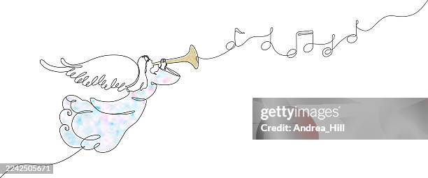 christmas angel continuous line drawing with music notes and color elements - trumpet stock illustrations