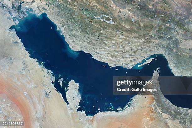 Satellite view of the Persian Gulf, including the Strait of Hormuz and the Gulf of Oman, a vital maritime corridor for global energy exports.
