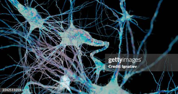 abstrakte illustration, die neuronen zeigt, die mit biologischen signalen leuchten. - synapsenendknöpfchen stock-fotos und bilder