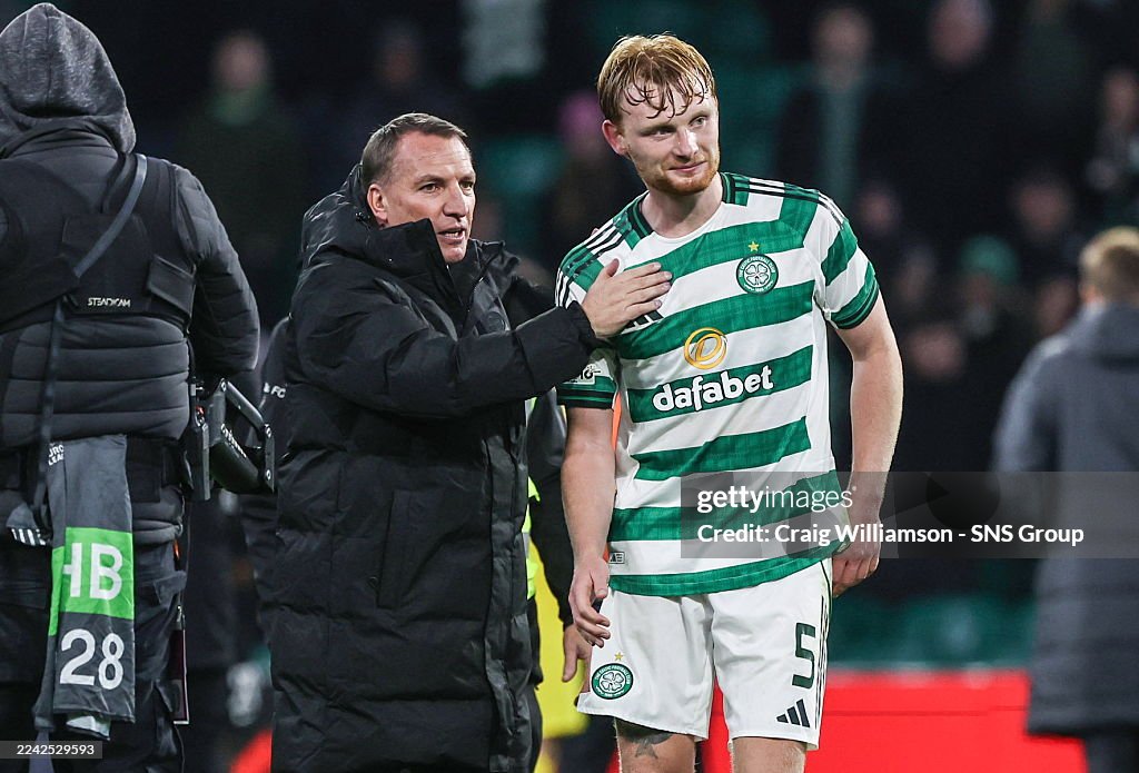 Celtic manager Brendan Rodgers and Liam Scales at full time during
