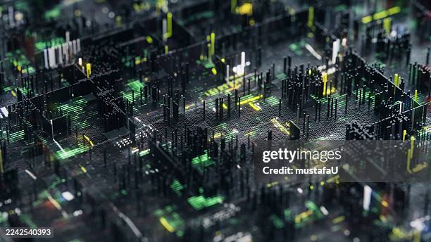 futuristic digital cityscape – abstract 3d data visualization - motherboard city stock pictures, royalty-free photos & images