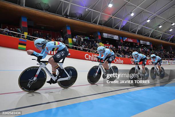 Belgium's team compete in the women's team pursuit final event of the 2025 UCI Track World Championships, at the Penalolen Velodrome, in Santiago, on...