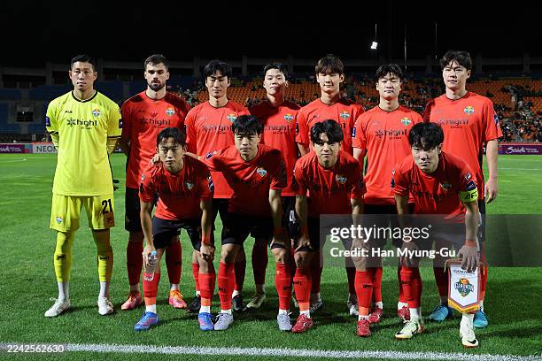 Gangwon FC players line up for the team photos prior to the AFC Champions League Elite 2025-26 East Region Group Stage match between Gangwon FC and...