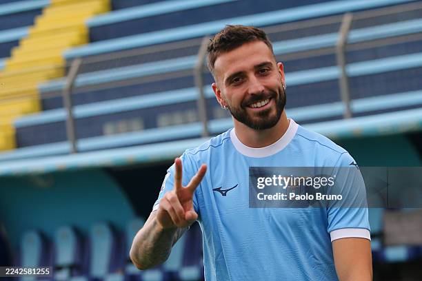 Mario Gila of SS Lazio reacts during the SS Lazio Official team photo at Formello sport center on October 22, 2025 in Rome, Italy.