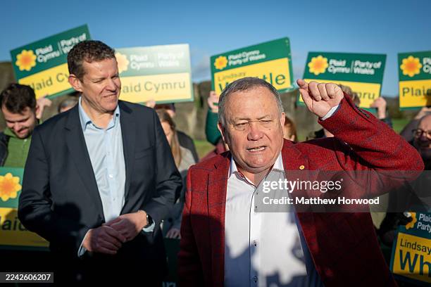 Lindsay Whittle , Plaid Cymru candidate for Caerphilly celebrates victory in the Caerphilly Senedd by-election with leader of Plaid Cymru Rhun ap...