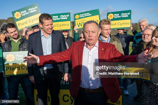 Lindsay Whittle , Plaid Cymru candidate for Caerphilly celebrates victory in the Caerphilly Senedd by-election with leader of Plaid Cymru Rhun ap...