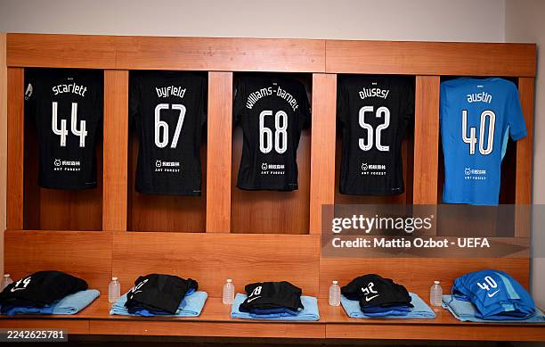 The shirts of XX are displayed inside the Dane Scarlett, Jun'ai Byfield, Luca Williams-Barnett, Callum Olusesi and Brandon Austin dressing room prior...