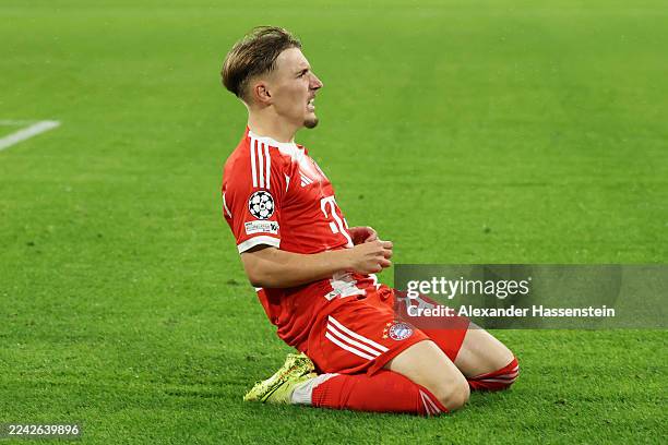 Lennart Karl of Bayern Munich celebrates scoring his team's first goal during the UEFA Champions League 2025/26 League Phase MD3 match between FC...
