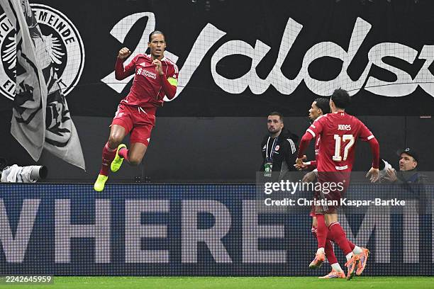 Virgil van Dijk of Liverpool celebrates scoring his team's second goal with teammates during the UEFA Champions League 2025/26 League Phase MD3 match...
