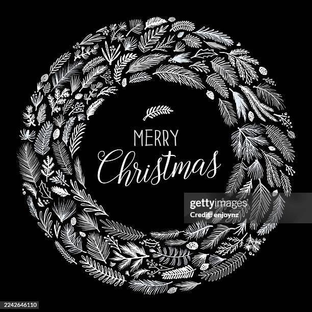 christmas floral wreath plant drawings circle wreath design - netball stock illustrations
