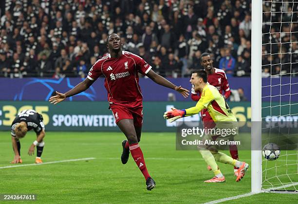 Ibrahima Konate of Liverpool celebrates scoring his team's third goal during the UEFA Champions League 2025/26 League Phase MD3 match between...