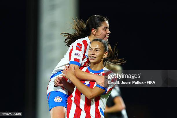 Claudia Martinez of Paraguay celebrates scoring her team's third goal and her hat-trick during the FIFA U-17 Women's World Cup Morocco 2025 Group F...
