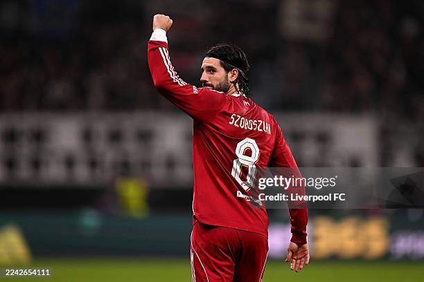 Dominik Szoboszlai of Liverpool celebrates scoring his team's fifth goal during the UEFA Champions League 2025/26 League Phase MD3 match between...