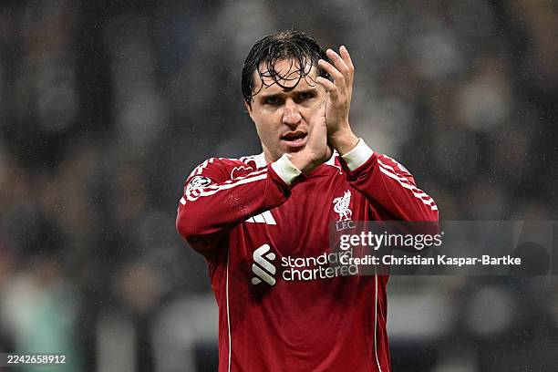 Federico Chiesa of Liverpool acknowledges the fans after the team's victory during the UEFA Champions League 2025/26 League Phase MD3 match between...