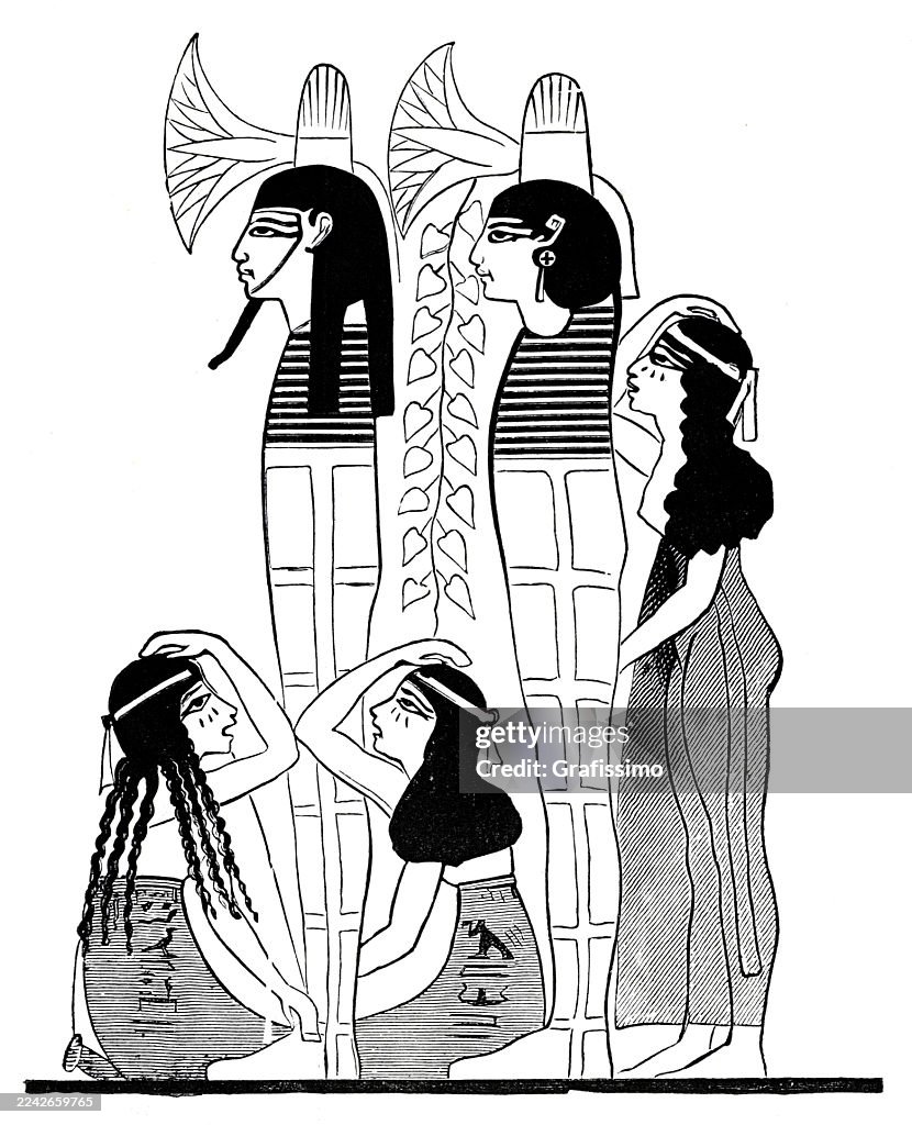 Mourner at egyptian funeral with mummies illustration 1882