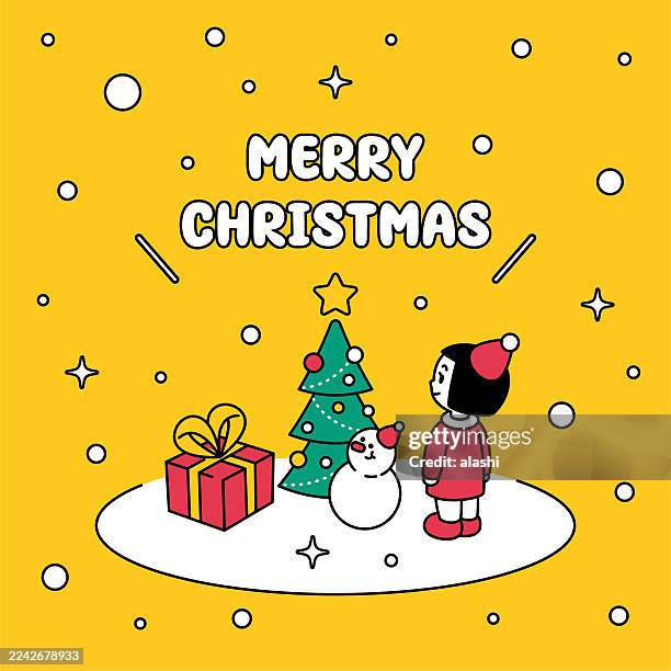 ilustraciones, imágenes clip art, dibujos animados e iconos de stock de a cute santa girl, smiling, with a christmas suit or new year outfit, a snowman, a gift box, a christmas tree, wishing everyone a merry christmas - arte minimalista