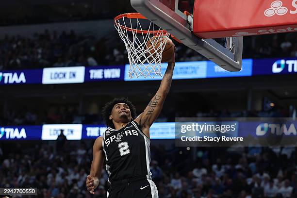 Dylan Harper of the San Antonio Spurs drives to the basket during the first half against the Dallas Mavericks at American Airlines Center on October...