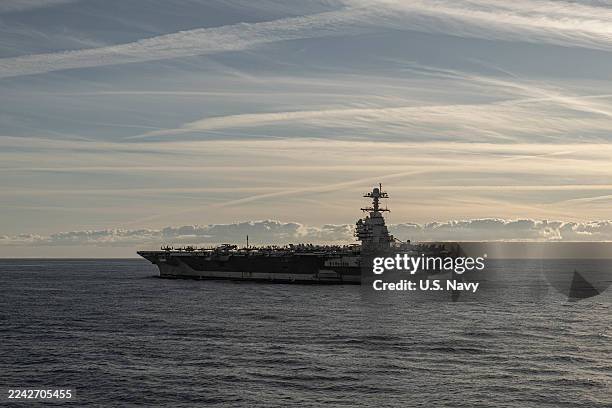 In this handout provided by the U.S. Navy, The USS Gerald R. Ford , operates in the North Sea on September 24, 2025. Gerald R. Ford, as part of...