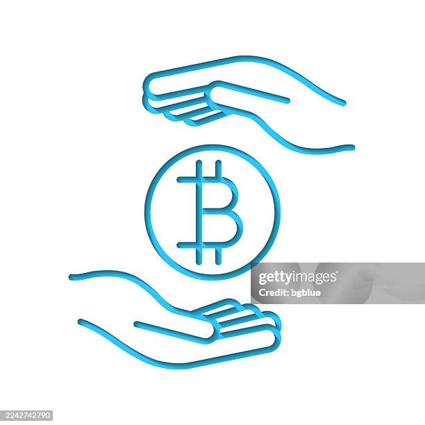bitcoin coin between hands. icon cut out on white paper with blue background - in between stock illustrations