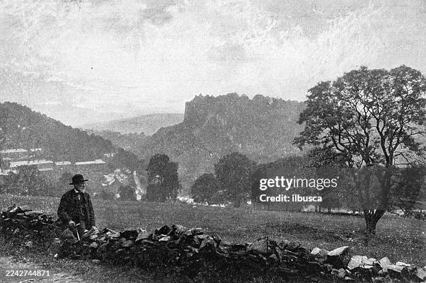 high tor, matlock, peak district, derbyshire - peak district stock illustrations