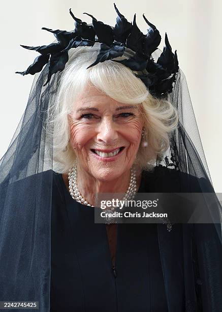 Queen Camilla arrives in Vatican City on October 23, 2025 in Vatican City, Vatican. During this historic State Visit, King Charles III and Queen...
