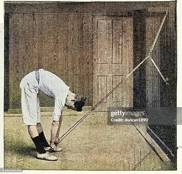 history of exercise, fitness, young man using spring wall pulley - guy chest press stock illustrations