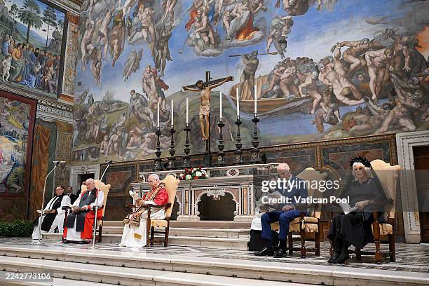 Pope Leo XVI, King Charles III and Queen Camilla attend a Prayer Service at the Sistine Chapel at the Apostolic Palace on October 23, 2025 in Vatican...