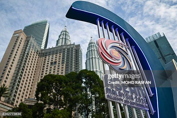 The logo of the Association of Southeast Asian Nations is pictured ahead of the 47th ASEAN Summit in Kuala Lumpur on October 25, 2025. US President...