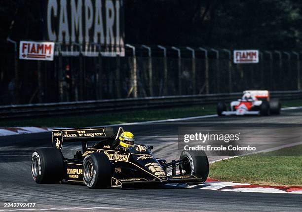 Ayrton Senna from Brazil driving the John Player Special Team Lotus-Renault 98T Renault V6 turbo during practice for the Formula One Italian Grand...