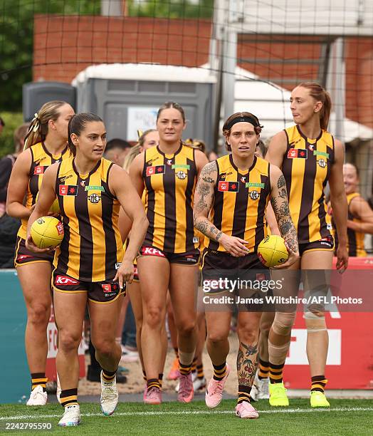 Hawthorn run out during the 2025 AFLW Round 11 match between the Essendon Bombers and the Hawthorn Hawks at Windy Hill on October 25, 2025 in...