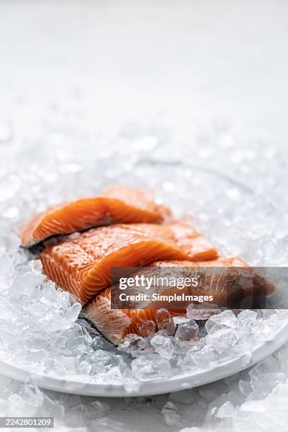 three slices of fresh salmon, placed on a white plate filled with crushed ice. the salmon's bright orange color contrasts with the cold, icy background, and the whole scene is completed with a small sprig of rosemary, suggesting culinary preparation. - frozen fish fillets stockfoto's en -beelden