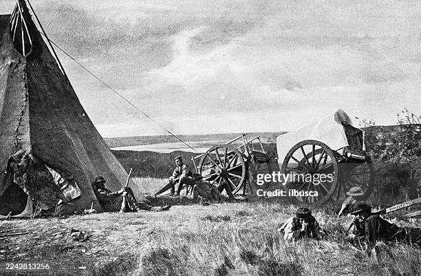 trader on the saskatchewan - saskatchewan stock illustrations