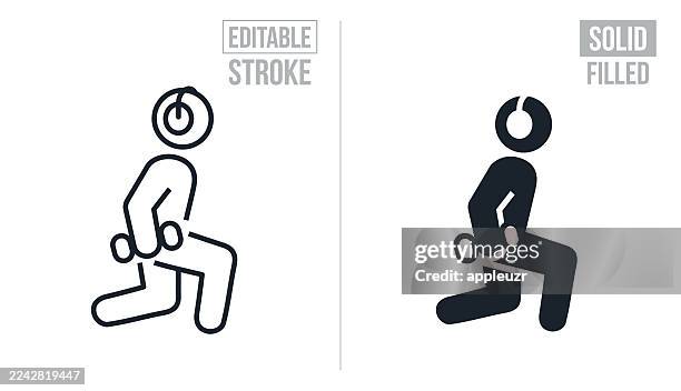 person wearing headphones while doing lunges with weights - editable stroke and solid icons - sports activity stock illustrations