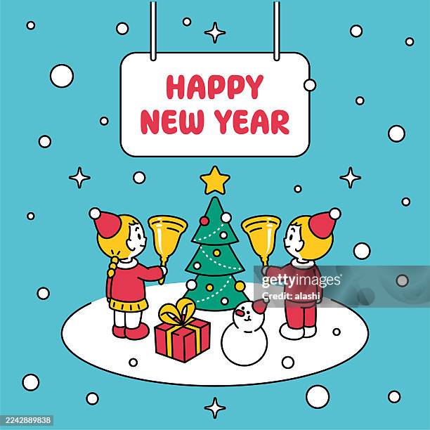 a cute santa girl and boy with a christmas or new year outfit, smiling, ringing a golden bell, wish everyone a happy new year. a scene with a snowman, a gift box, a christmas tree, and snow - snowman family stock illustrations