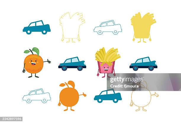 backgrond e patern de carro, laranja e batata frita - batata frita stock illustrations