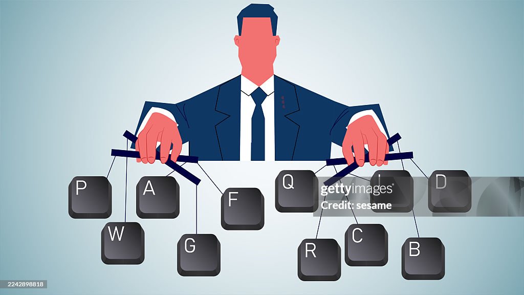 Controlling online speech, social media management. The man behind the curtain controls the keyboard keys like a puppet