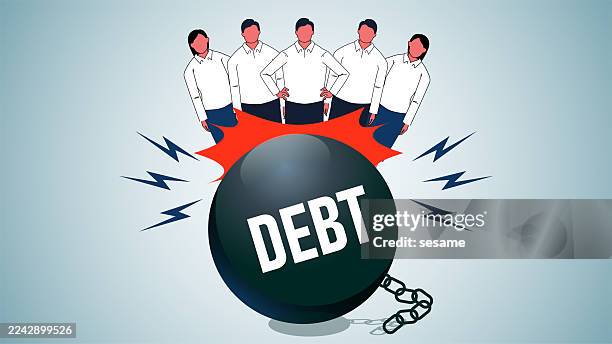 debt shock, excessive debt load, financial problems or loan problems. businessmen standing in a row were impacted by a huge iron ball - negative impact stock illustrations
