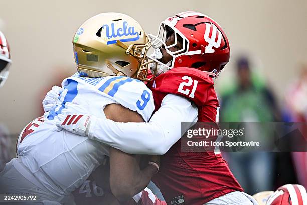 Indiana Hoosiers LB Rolijah Hardy hits UCLA Bruins QB Nico Iamaleava during a college football game between the UCLA Bruins and Indiana Hoosiers on...