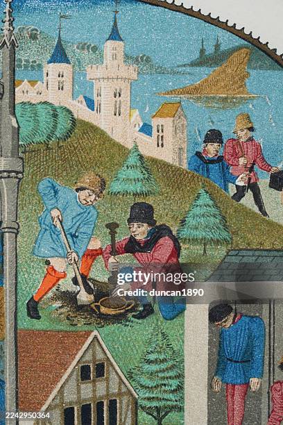 medieval history, men burying pot of treasure, loot that they have stolen, after a 15th century illustration - burying money stock illustrations