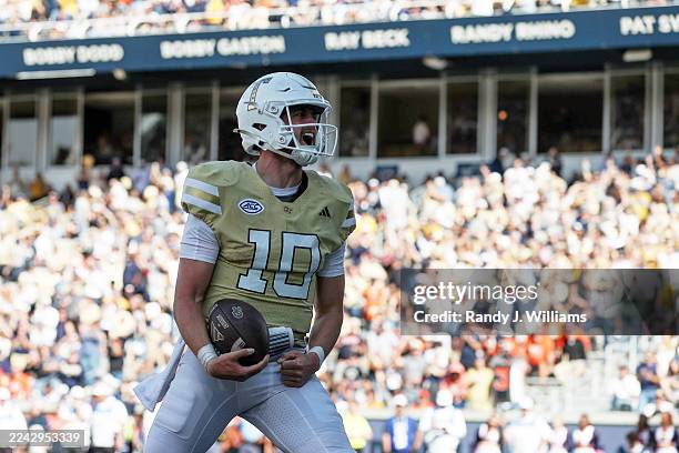 Haynes King of the Georgia Tech Yellow Jackets reacts after scoring a touchdown against the Syracuse Orange at Bobby Dodd Stadium on October 25, 2025...