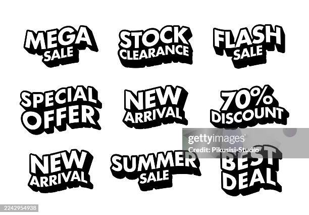 bold sale and promotion lettering collection. trendy sale banner template and discount phrase. - pop up store stock illustrations