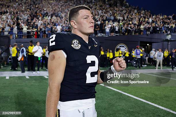 Vanderbilt Commodores quarterback Diego Pavia pumps his fist as game officials announce the final play was short of the goal line during a game...